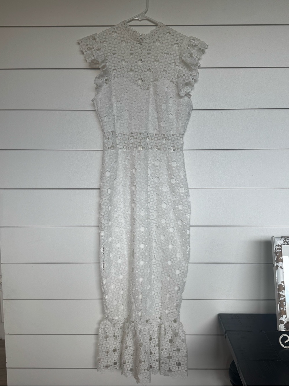 White Lace Midi Dress with Floral Crochet Details